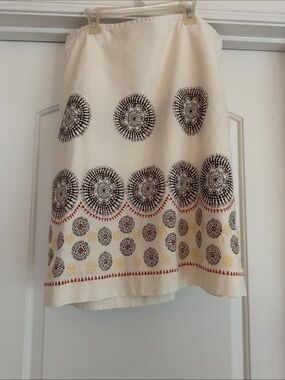 LOFT Cream A-Line Midi Skirt with Black and Gold Medallion Print